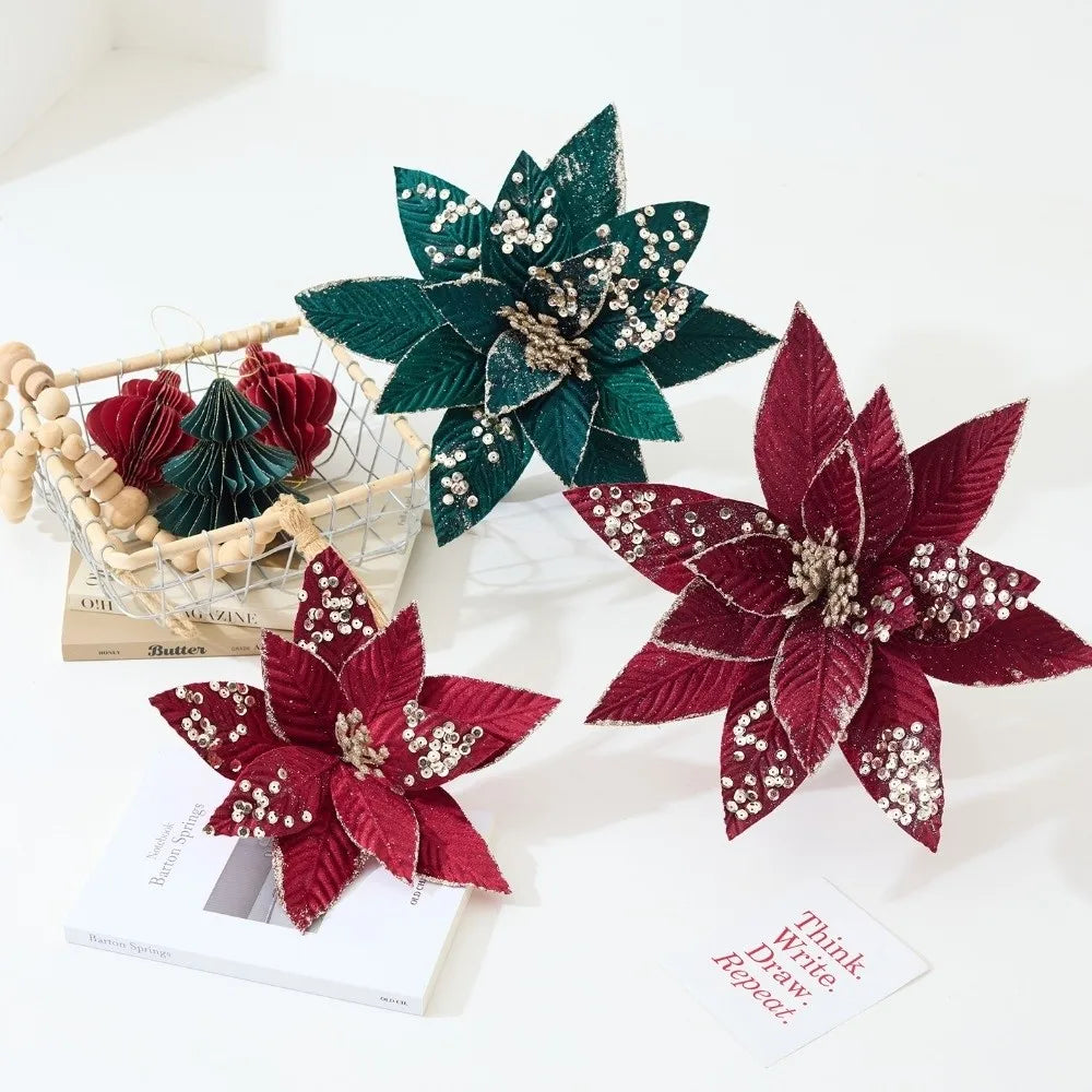 25CM Glitter Sequin Artificial Poinsettia Flower | Christmas Decor Artificial Holiday Flower Richie's