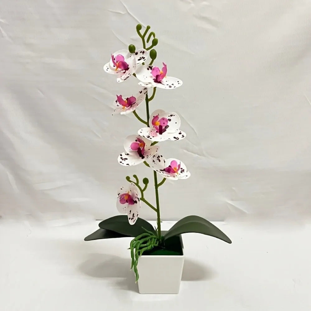 7-Bloom Artificial Pink Orchid Potted Plant | Faux Bonsai Artificial Potted Flower Richie's Style F