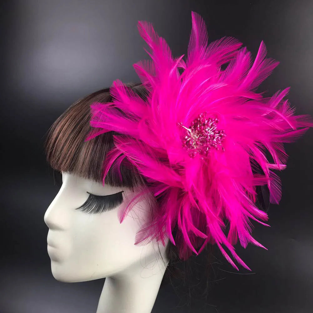 Bridal Feather Headband with Flower – Women's Wedding Hair Clip Feather Hair Accessory Richie's rosered