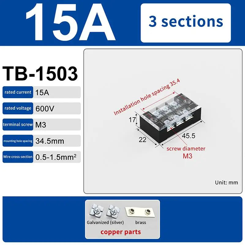 Dual Row Barrier Screw Terminal Block 15A 600V TB Series Screw Terminal Block Richie's TB1503