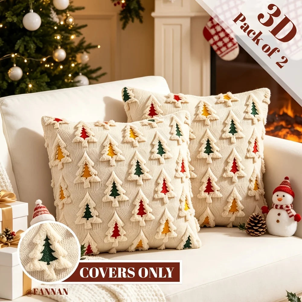 2-Pack 3D Christmas Tree Embroidered Plush Pillow Covers 18" Cushion Cover Set Richie's