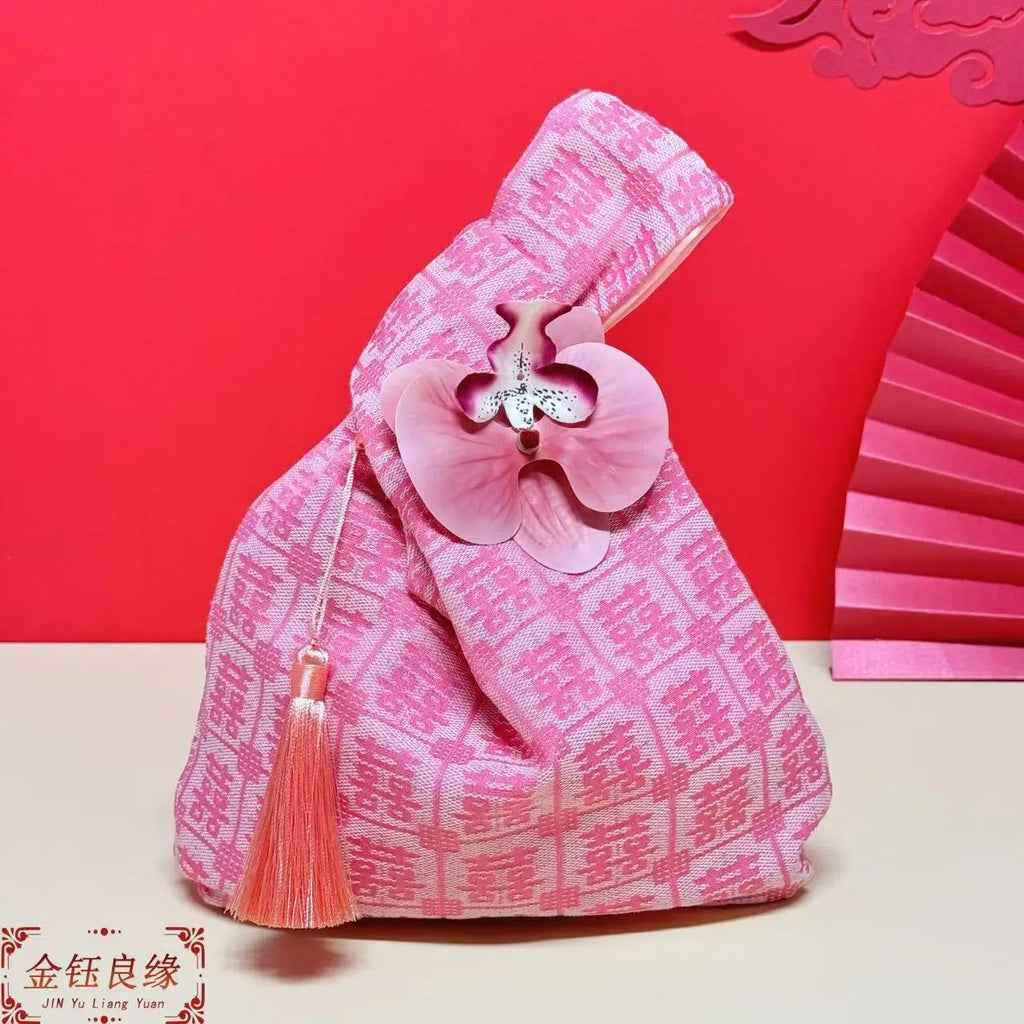 Chinese Tassel Wrist Bag Embroidery Hanfu Wedding Gift Pouch Wrist Bag Richie's pink 3 with flowers
