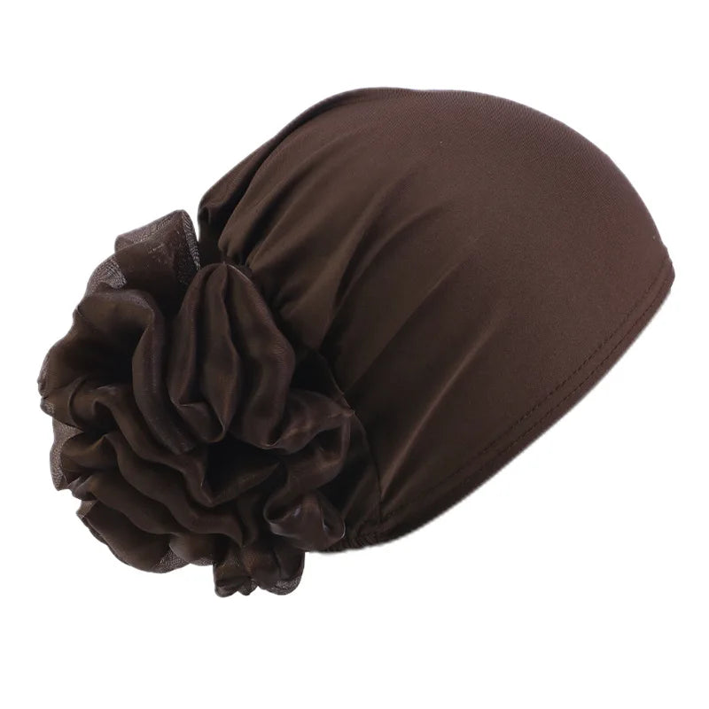 Women's Elastic Turban Cap Flower Hijab Headscarf Beanie Turban Head Wrap Richie's dark coffee