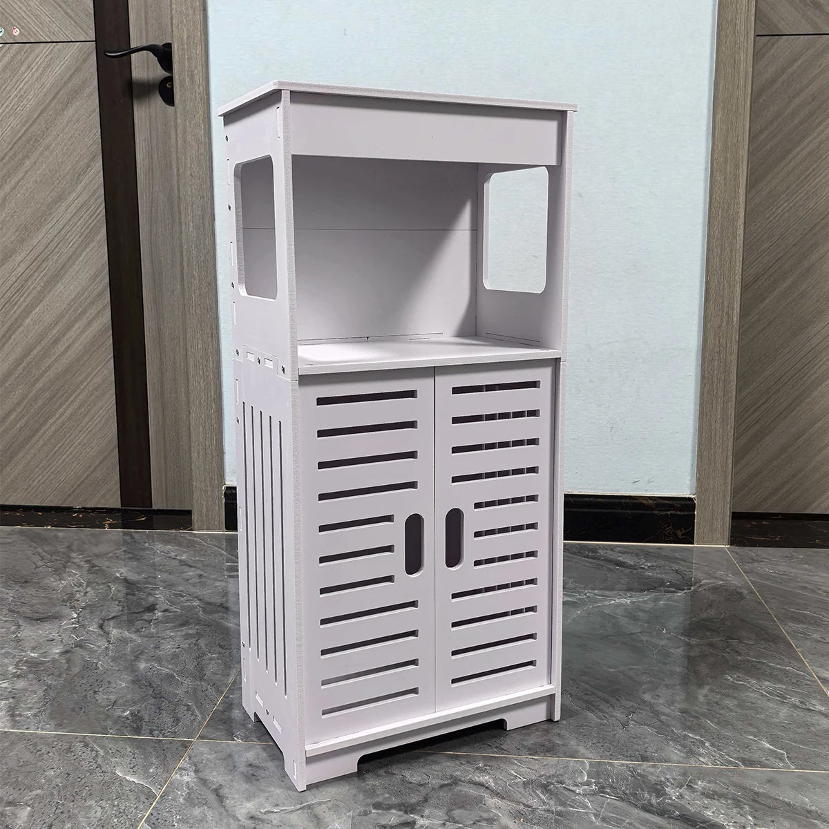 White Freestanding Bathroom Cabinet – Shutter Doors & Open Shelf Bathroom Storage Cabinet Richie's