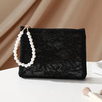 Lace Cosmetic Pouch with Pearl Chain – Women's Makeup Bag Cosmetic Makeup Bag Richie's M-17X14X8CM-black