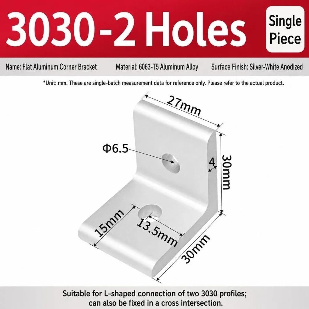 90° Aluminum Angle Bracket Flat Right Angle Frame Joint Connector Aluminum Angle Bracket Richie's 3030-2Hole Silver
