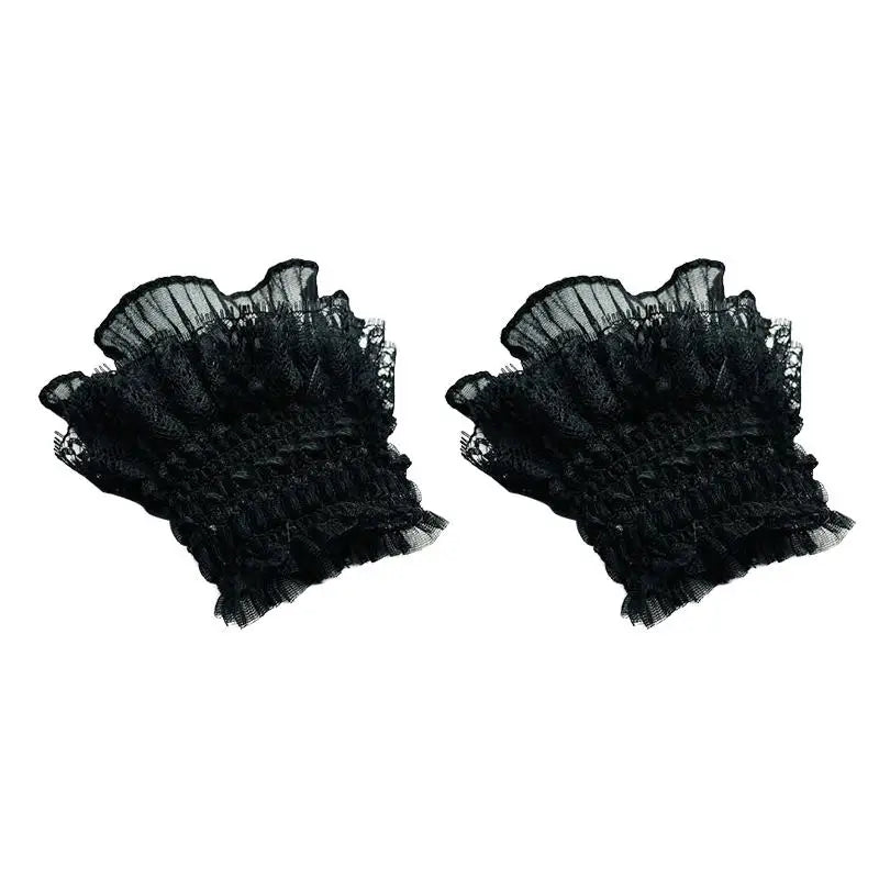 Gothic Lolita Wrist Cuffs Bowknot Lace Trim Maid Cosplay Set Cosplay Wrist Cuffs Richie's Black-A One Size