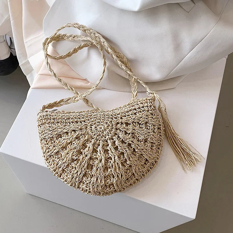 Handmade Straw Woven Semicircle Crossbody Bag | Boho Beach Bag Woven Crossbody Bag Richie's