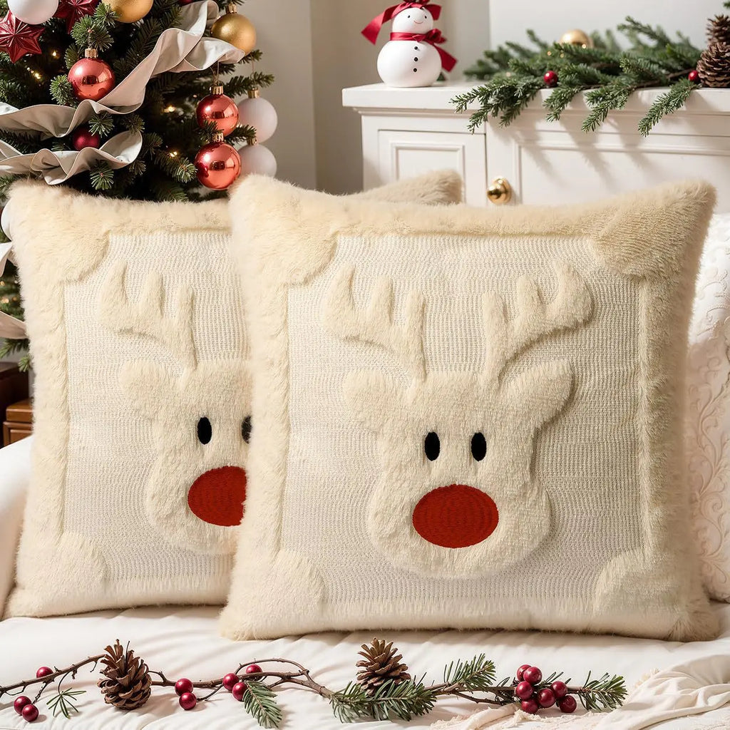 2pcs Christmas Reindeer Pillow Covers – Soft Plush Faux Fur Decorative Pillow Covers Richie's 2pcs
