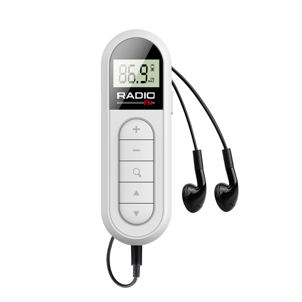 JOCESTYLE Mini Clip FM Radio Rechargeable LCD Display Portable FM Radio Richie's White