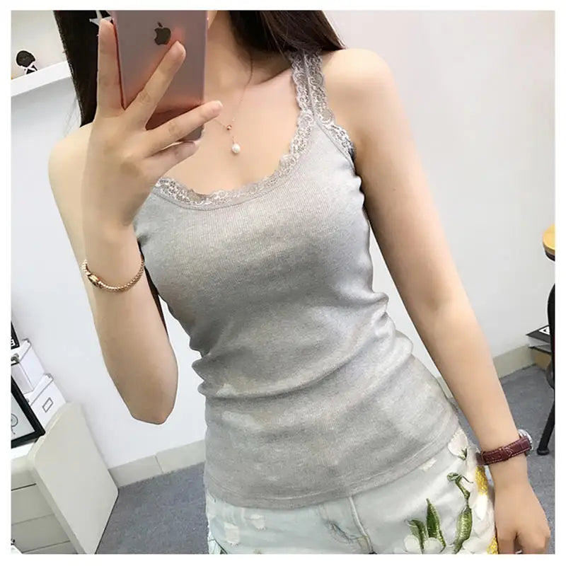 Women's Sleeveless Lace Cotton Tank Top – White & Black Lace Tank Top Richie's