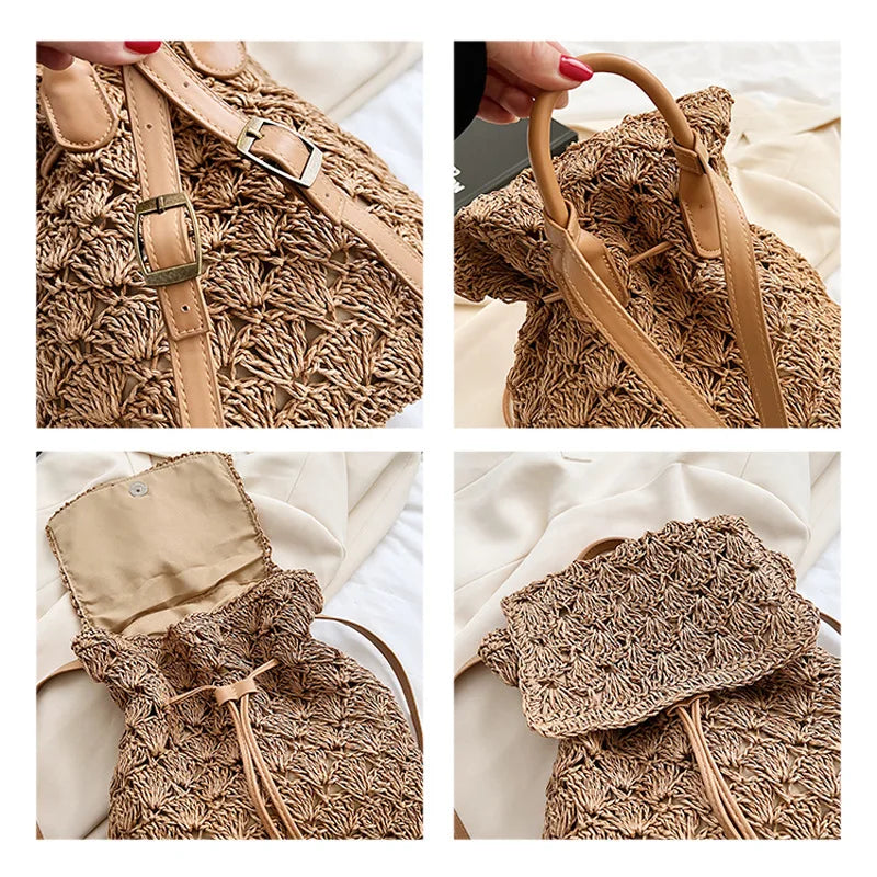 Women's Woven Straw Rattan Backpack | Boho Beach Rucksack Woven Straw Backpack Richie's
