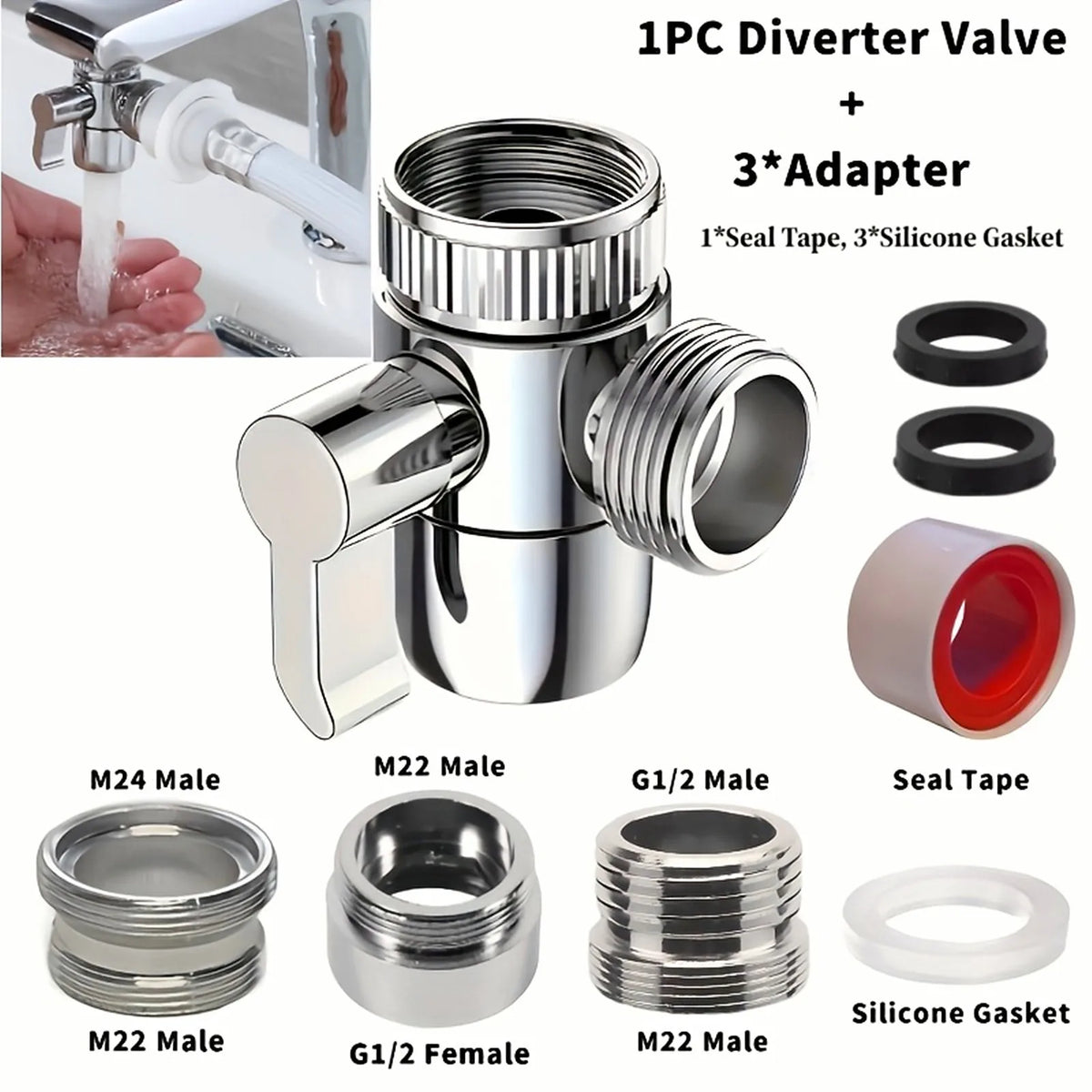 3-Way Faucet Water Splitter Valve M22/M24/G1/2 Copper Faucet Diverter Valve Richie's Alloy water 1