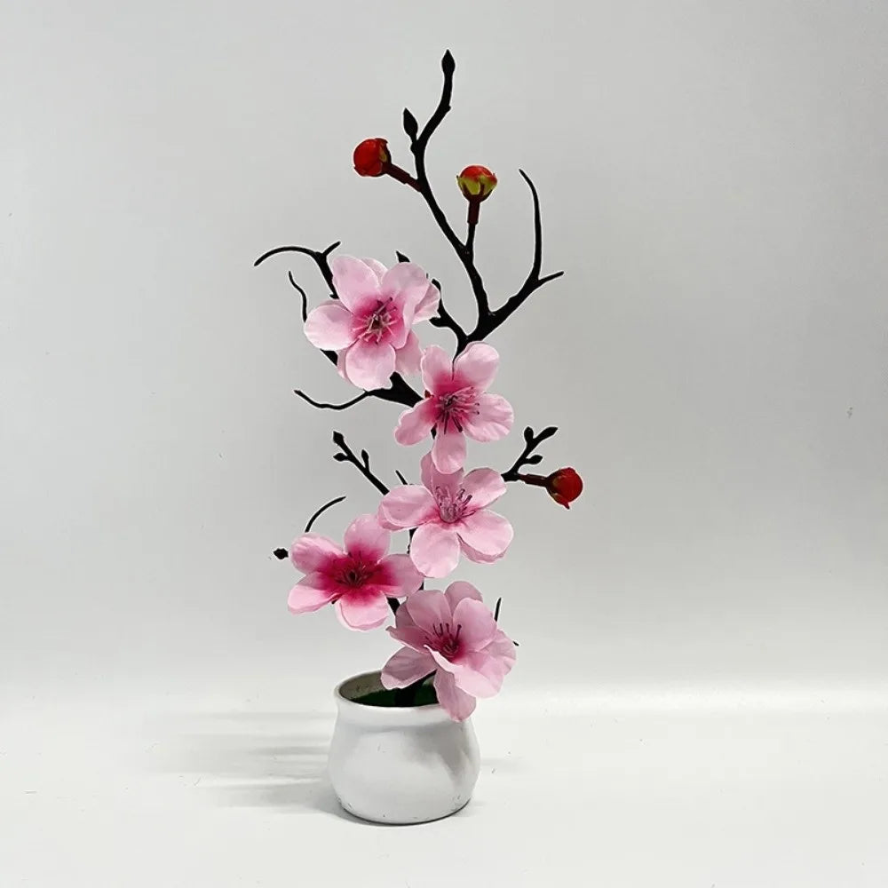 Red Artificial Plum Potted Flowers – Faux Silk Blooms in White Pot Artificial Potted Flower Richie's Pink