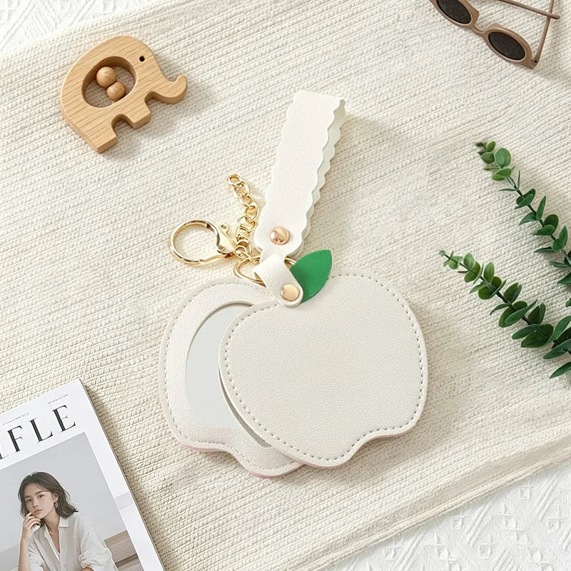 Apple Shape Mini Makeup Mirror Keychain – PU Leather Portable Compact Mirror Keychain Richie's beige 20x8.5cm