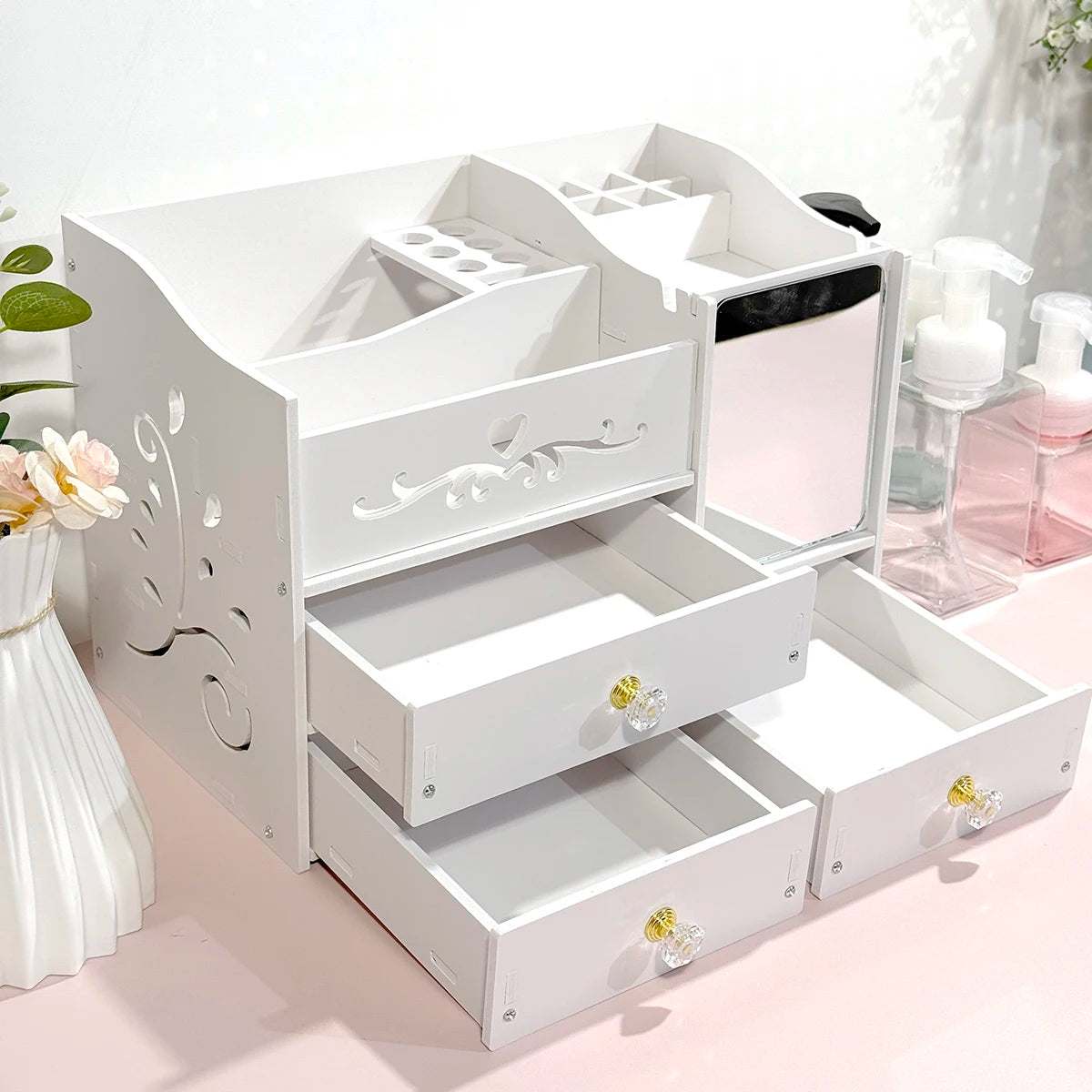 Vanity Makeup Organizer with Mirror, Drawers & Brush Slots Makeup Storage Organizer Richie's