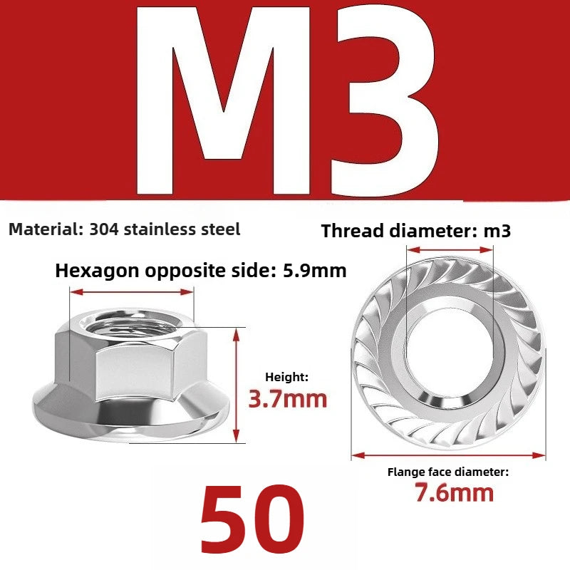 304 SS Hex Flange Nuts M3–M8 Anti-Loosening Serrated Hex Flange Nuts Richie's 304 M3 50pcs