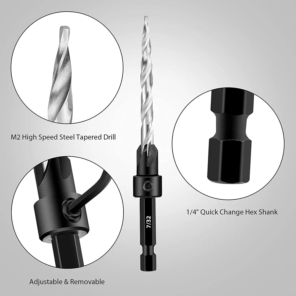 Wood Countersink Drill Bit Set 5/7Pc SAE Tapered 1/4" Hex Shank Countersink Drill Bits Richie's