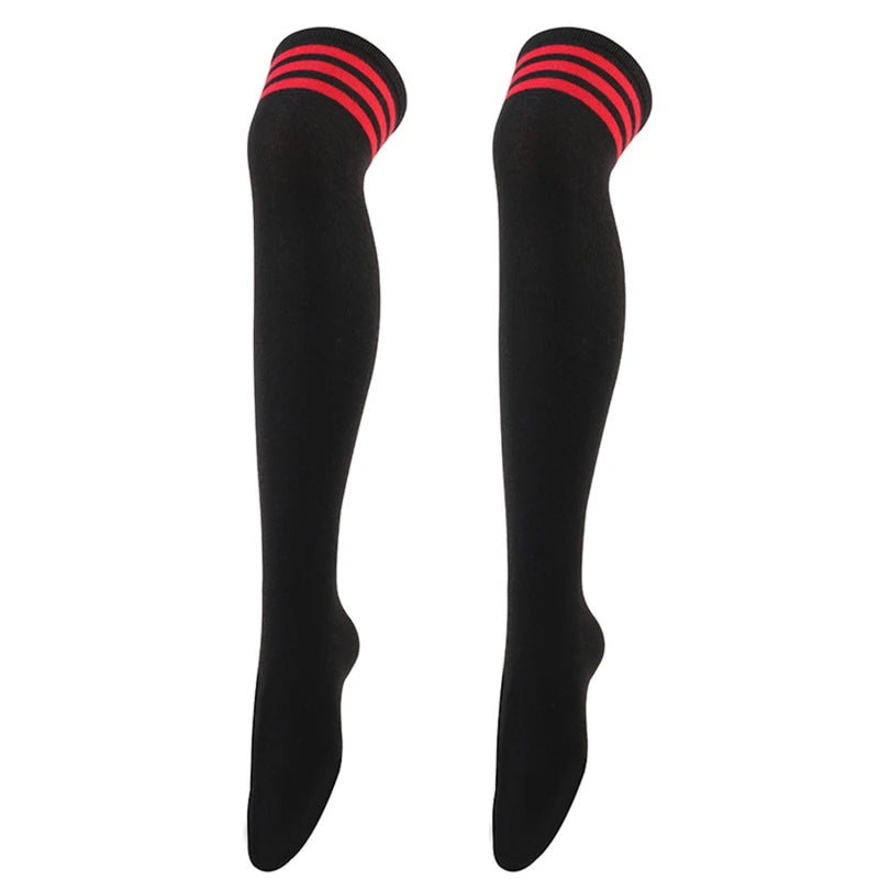 Women's Striped Thigh High Socks | Over-Knee Academic Style Thigh High Socks Richie's Black Red Line One Size