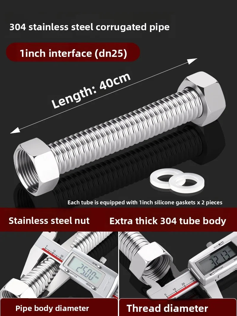 1" 304 Stainless Steel Bellows Metal Hose | High-Pressure Threaded Metal Bellows Hose Richie's 40cm