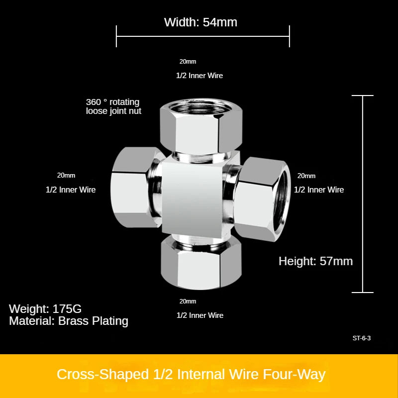 1/2" All-Brass Three-Way Faucet Splitter | 1-In-2-Out Fitting Brass Pipe Fitting Richie's 15