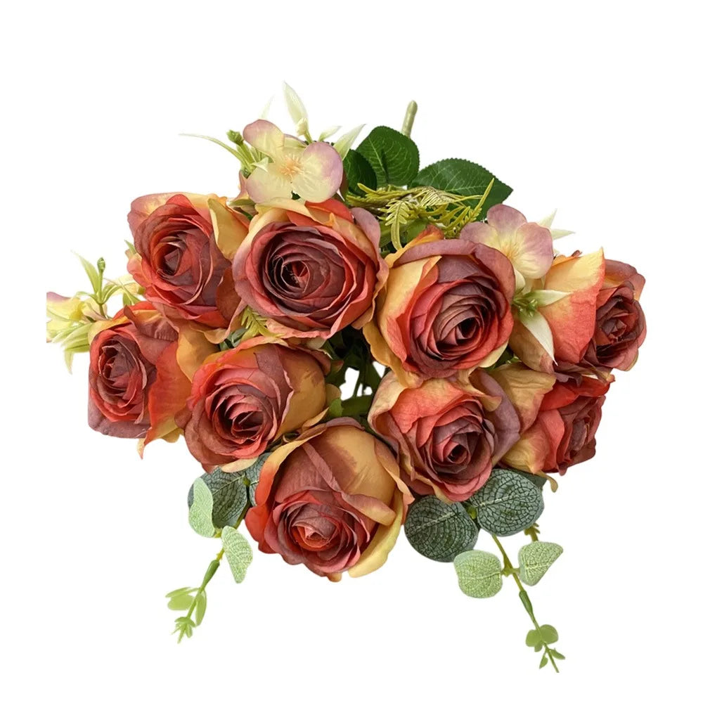 9-Head Multicolor Artificial Rose Bouquet – Bridal & Home Decor Artificial Flower Bouquet Richie's Dark Orange