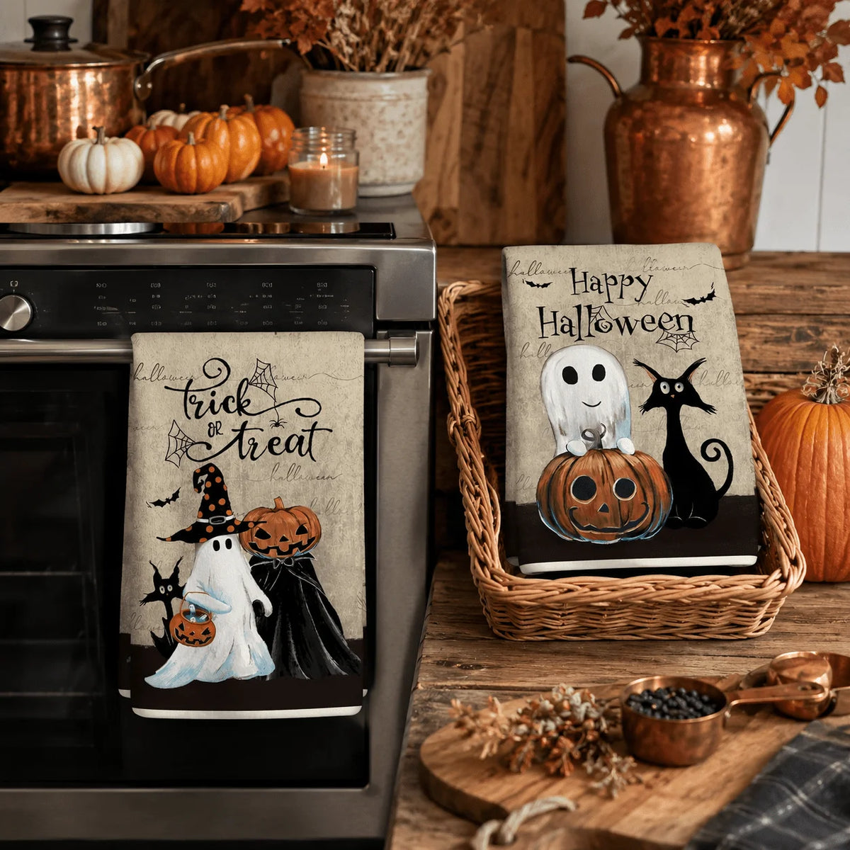 Halloween Kitchen Towel Set – Pumpkin & Black Cat Dishcloths 2pc Kitchen Towel Set Richie's