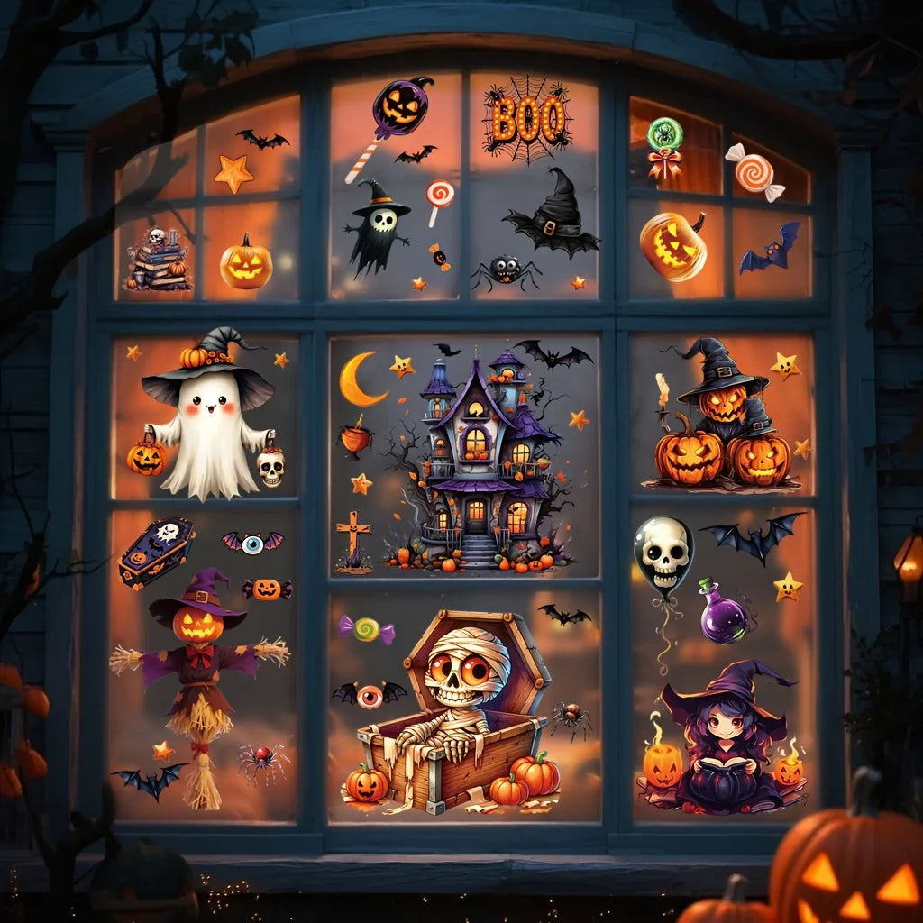 3D Halloween Window Clings – Castle, Bats, Witch & Pumpkin Decals Halloween Window Decals Richie's