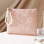 Lace Cosmetic Pouch Pearl Chain Makeup Travel Bag Organizer Cosmetic Travel Pouch Richie's Pink-L