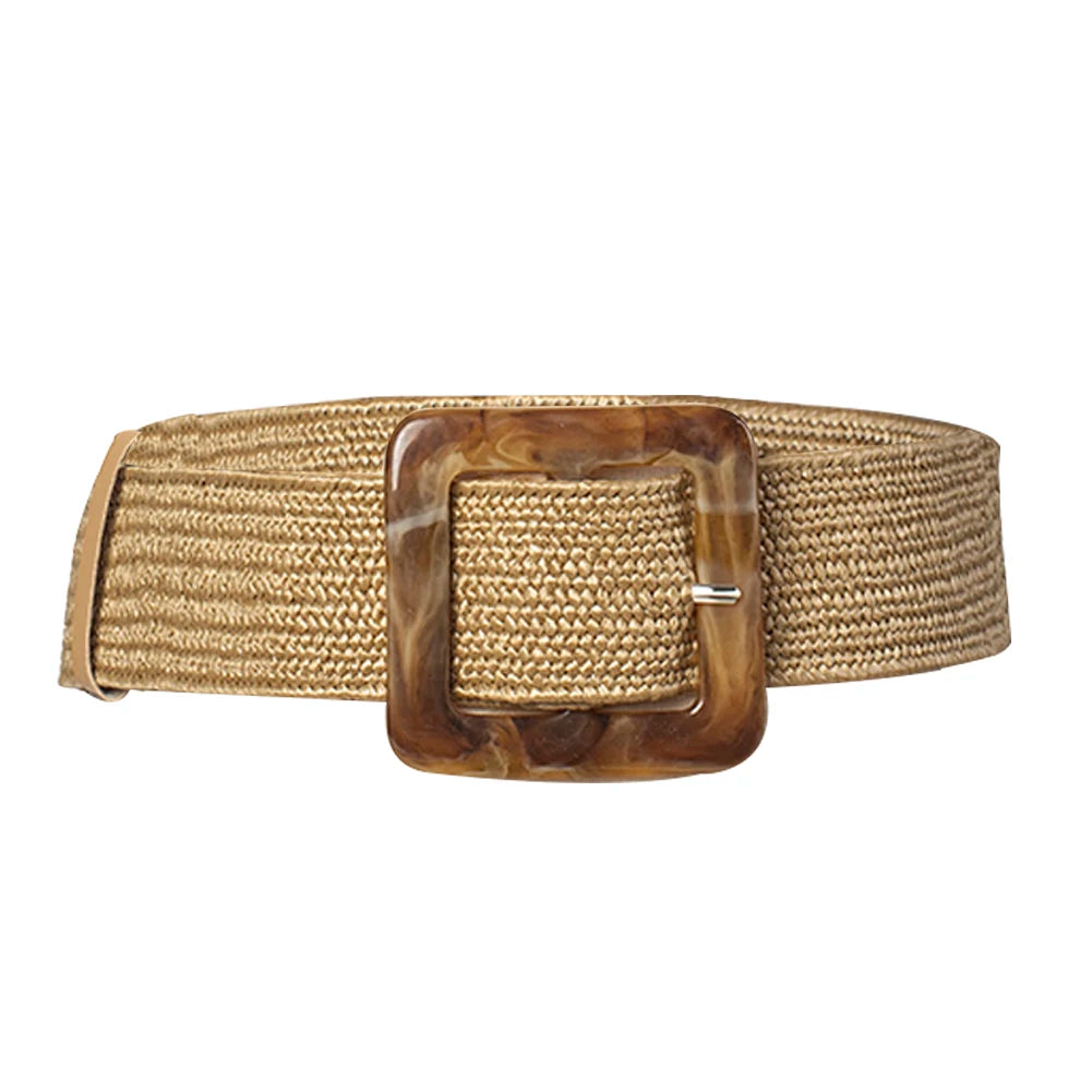 Women's Wide Woven Straw Belt – Elastic Carved Wood Buckle Wide Fashion Belt Richie's khaki