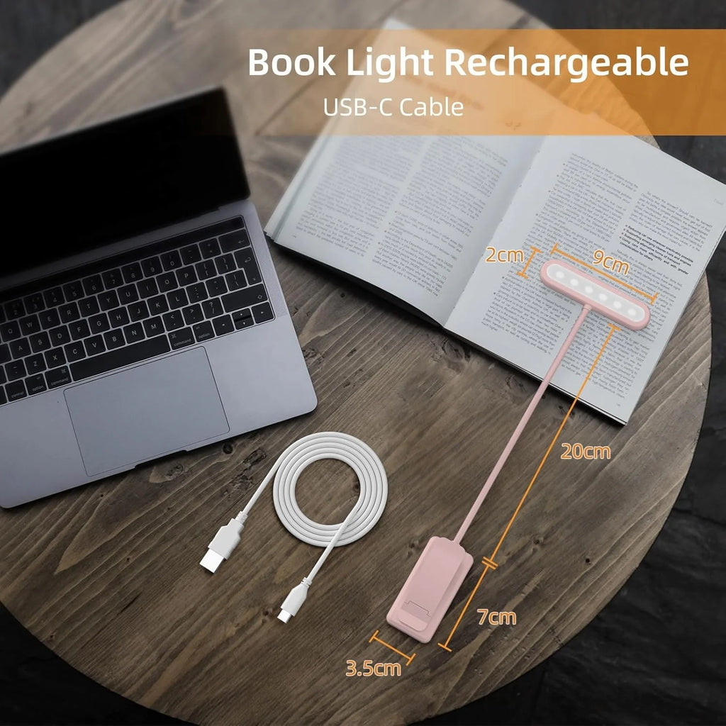 Pink USB Rechargeable Clip Book Light – 3-Color LED Reading Lamp Clip-On Book Light Richie's
