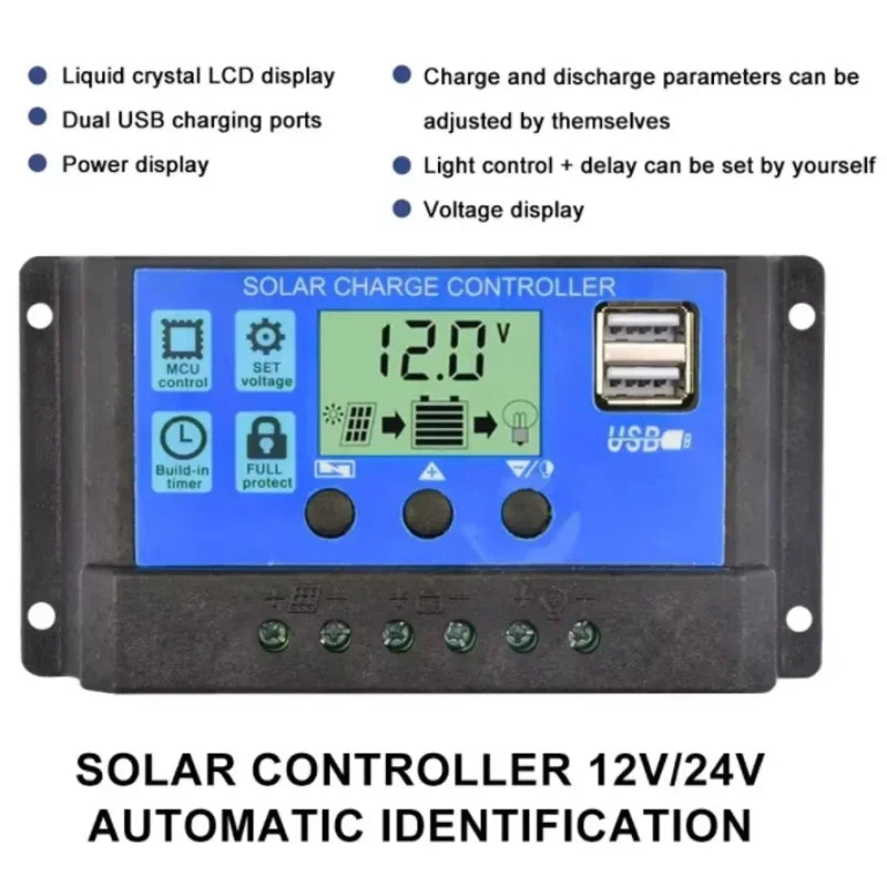 PWM Solar Charge Controller 10A 30A LCD Dual USB 12V 24V Solar Charge Controller Richie's