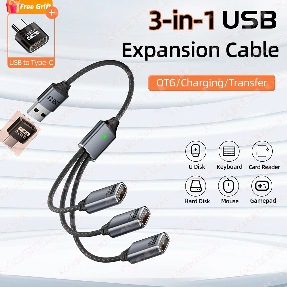 3-in-1 USB-A & Type-C OTG Splitter Hub – Fast Charge & Data USB Hub Adapter Richie's USB-A 26cm(app.)
