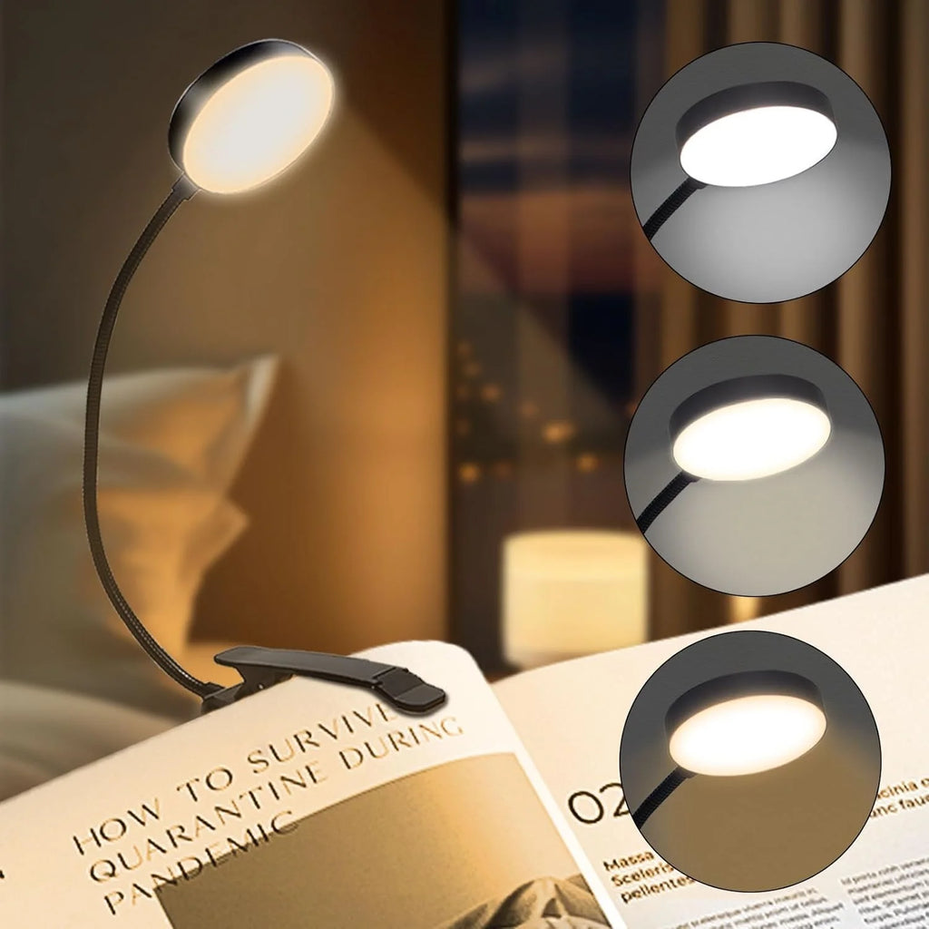 Pink USB Rechargeable Clip Book Light – 3-Color LED Reading Lamp Clip-On Book Light Richie's Circular Black