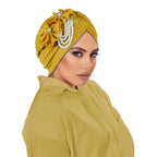 Pearl Beaded Turban Cap Women – Floral Chiffon Head Wrap Turban Head Wrap Richie's yellow