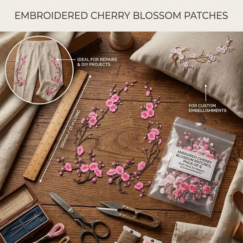 Cherry Blossom Iron-On Embroidery Patches – 2Pcs Floral Appliqué Embroidery Iron-On Patch Richie's