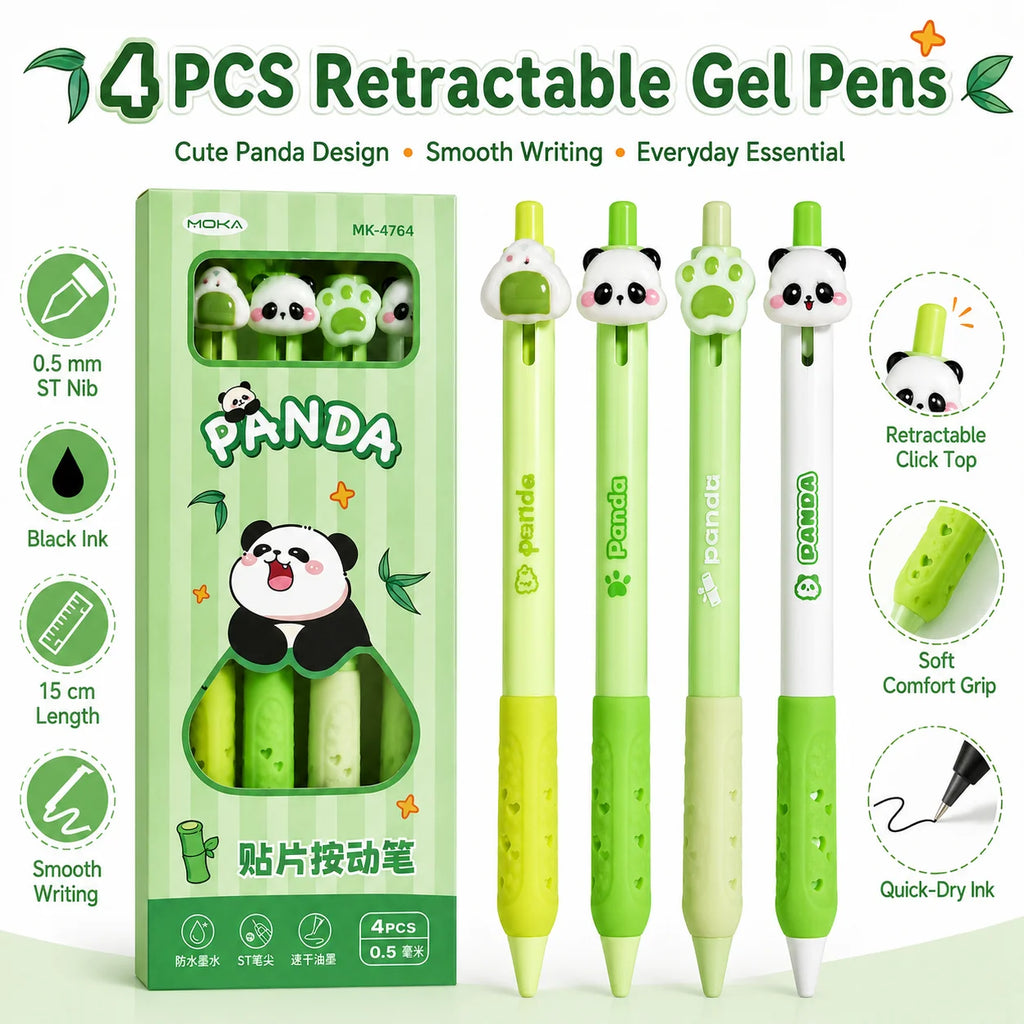 Kawaii Panda Retractable Gel Pen Set 4Pcs – 0.5mm Black Ink Gel Pen Set Richie's