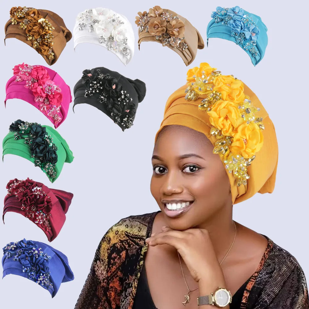 Women's Crinkle Headwrap African Headtie Rhinestone Flower Cap Fashion Headwrap Richie's