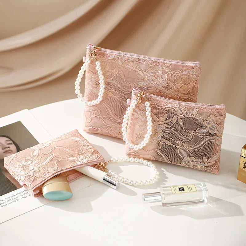 Lace Cosmetic Pouch with Pearl Chain – Women's Makeup Bag Cosmetic Makeup Bag Richie's