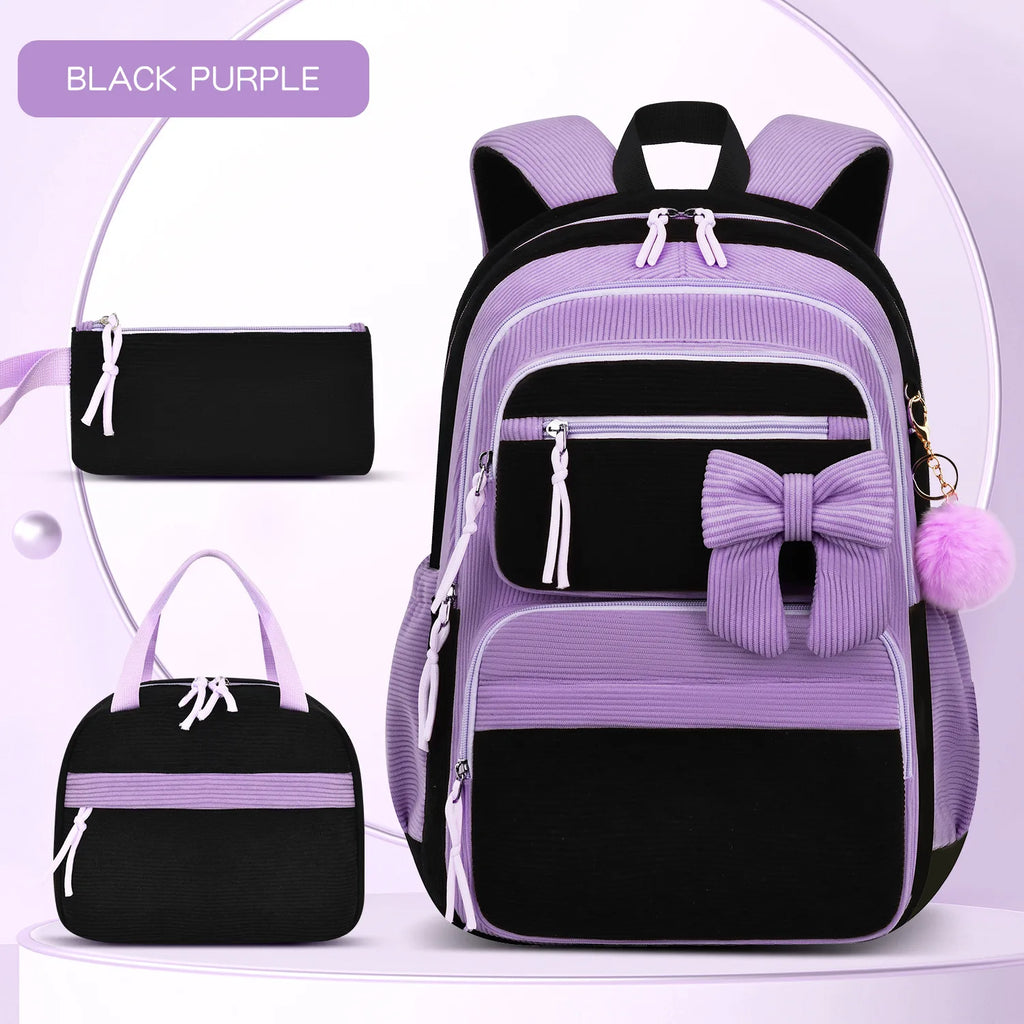 Girls Cherry Corduroy School Backpack Set – 3 Pcs Bookbag Kids Backpack Set Richie's black purple