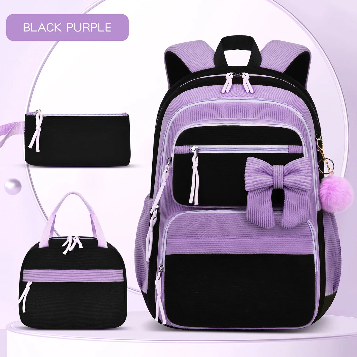 Girls Cherry Corduroy School Backpack Set – 3 Pcs Bookbag Kids Backpack Set Richie's black purple