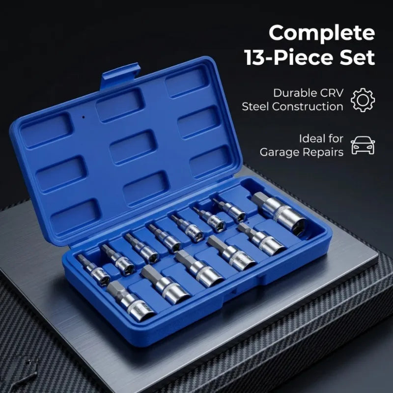 13pc Allen Key Hex Bit Socket Set 1/4" 3/8" 1/2" Drive CRV Steel Socket Wrench Set Richie's