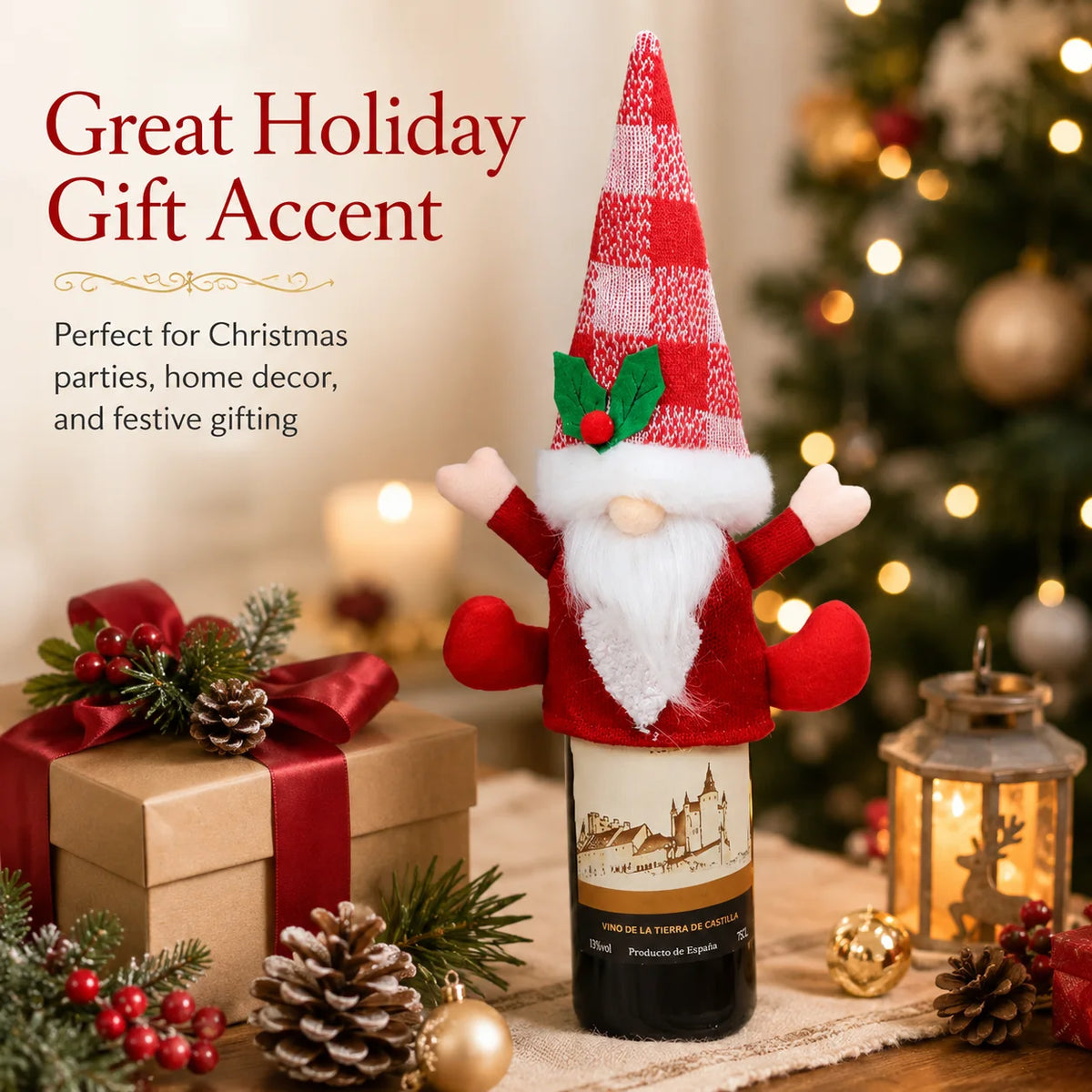 Christmas Gnome Knit Wine Bottle Cover | Holly Berry Xmas Decor Wine Bottle Cover Richie's