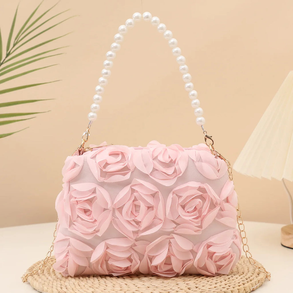 Chiffon 3D Flower Evening Bag Women Chain Shoulder Clutch Evening Clutch Bag Richie's Pink