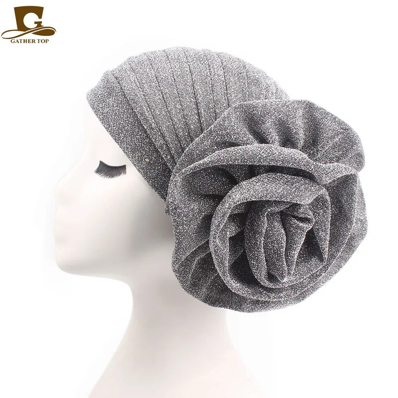 Women Pleated Flower Turban Hat Stretch Hijab Cap Head Wrap Turban Hijab Cap Richie's SILVER