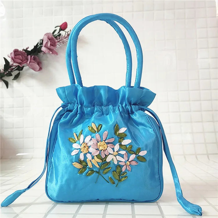 Women Embroidery Flower Cosmetic Bag – Ethnic Mini Purse & Pouch Cosmetic Pouch Richie's sky blue