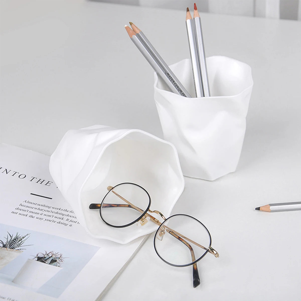 White Crinkle Paper Bag Pen Holder | Minimalist Desk Organizer Desktop Pen Holder Richie's