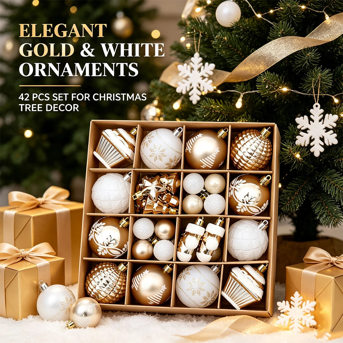 42Pcs Shatterproof Christmas Ornaments – Champagne Gold & White Christmas Ornament Set Richie's