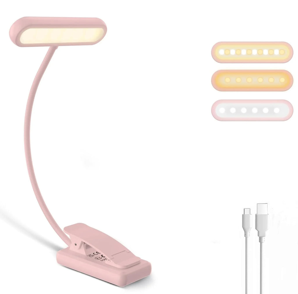 Pink USB Rechargeable Clip Book Light – 3-Color LED Reading Lamp Clip-On Book Light Richie's Pink