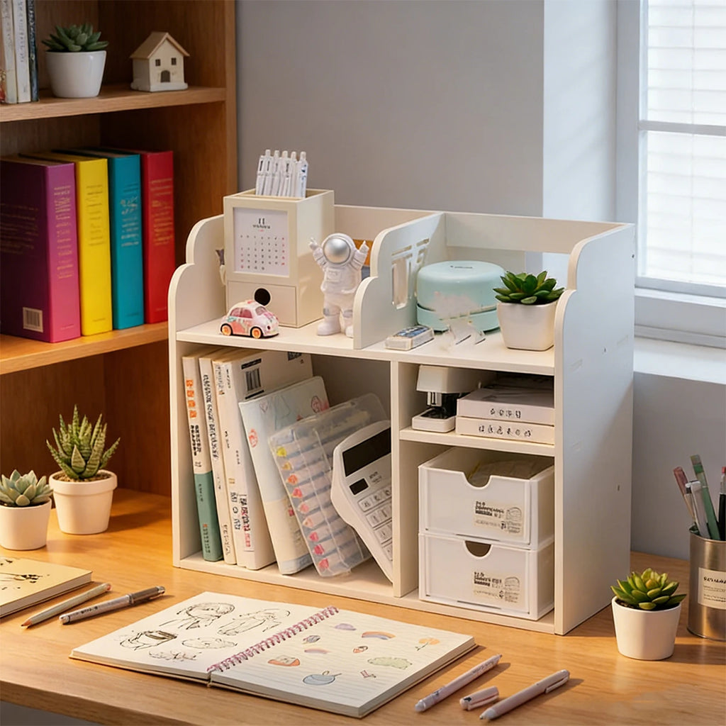 White Desk Organizer Shelf with Drawers | Desktop Storage Rack Desk Organizer Shelf Richie's